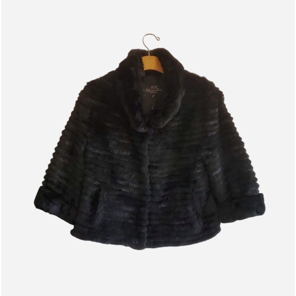 CF Charm Furs NY Black Fur High Collar Jacket Shrug 3/4 Sleeve Luxury Evening XS